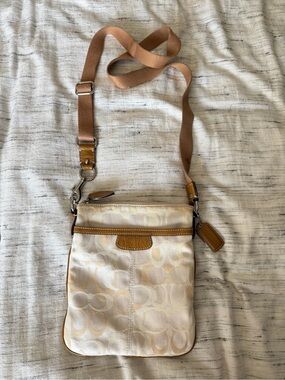 Coach Cream Signature Crossbody with Tan Leather Trim